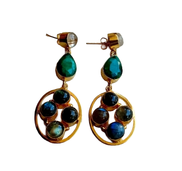 Gorgeous Gold Plated Dangle Earrings –Rutile Qtz- Green Hathipara-Labradorite Gemstone Jewelry