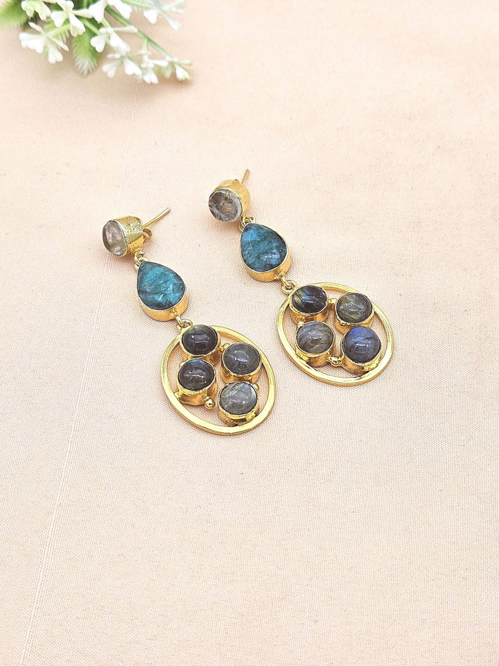 Gorgeous Gold Plated Dangle Earrings –Rutile Qtz- Green Hathipara-Labradorite Gemstone Jewelry