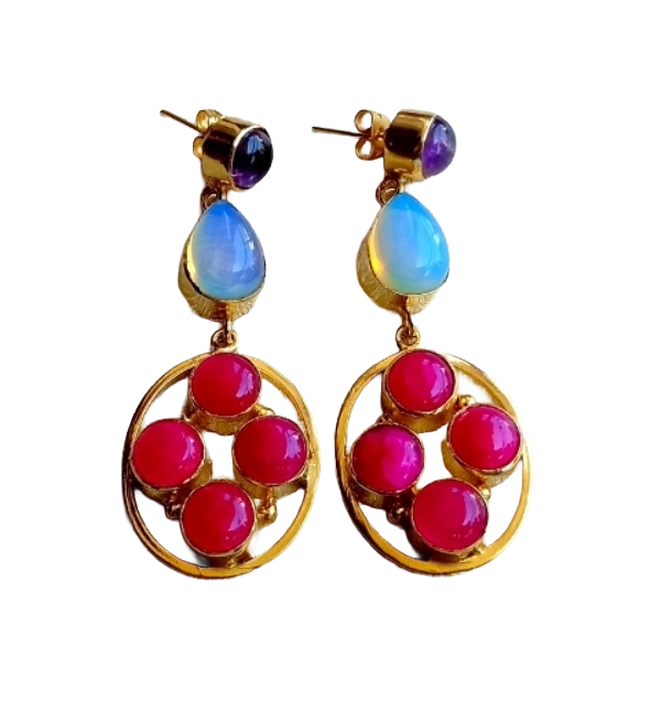 Gorgeous Gold Plated Dangle Earrings –Amethyst-Synthetic Opal-Pink Onyx Gemstone Jewelry