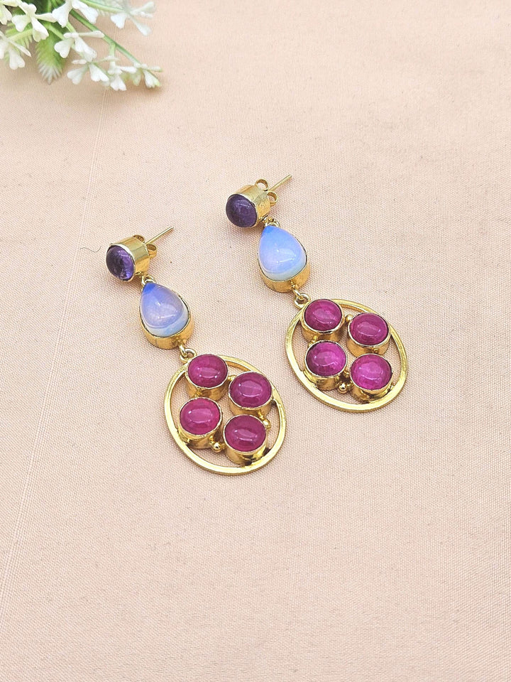 Gorgeous Gold Plated Dangle Earrings –Amethyst-Synthetic Opal-Pink Onyx Gemstone Jewelry