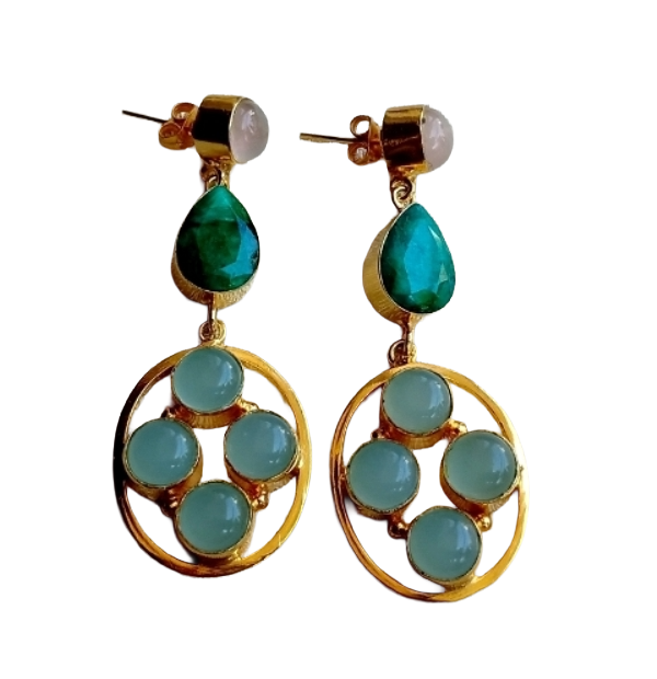 Gorgeous Gold Plated Dangle Earrings –Rose Qtz.-Green Beryl-Aqua Gemstone Jewelry