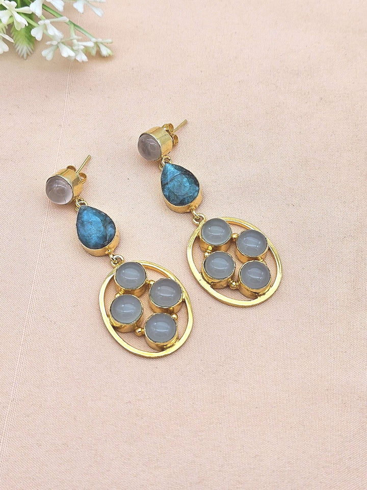 Gorgeous Gold Plated Dangle Earrings –Rose Qtz.-Green Beryl-Aqua Gemstone Jewelry