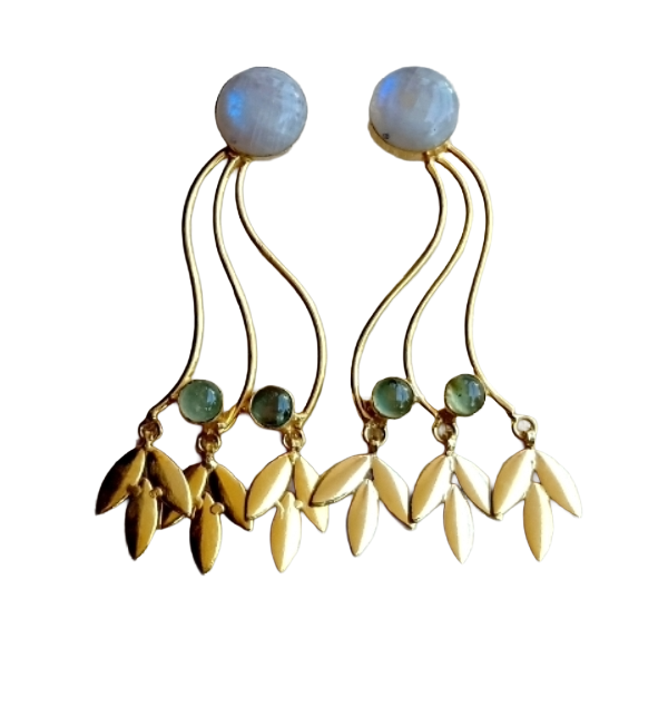 Charming Gold Plated Dangle Earrings –White Rainbow Prehnite stone Handcrafted Jewelry