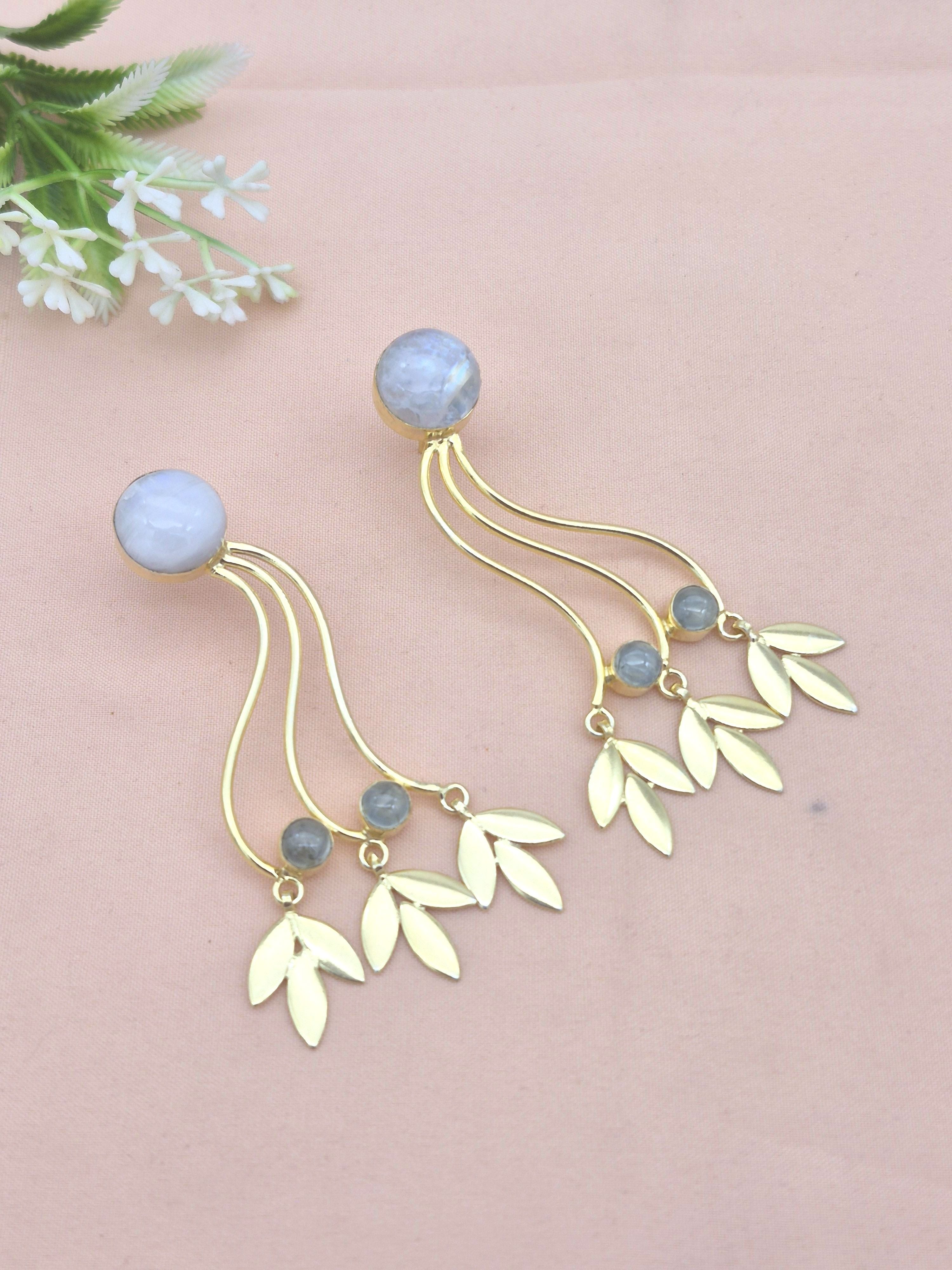 Charming Gold Plated Dangle Earrings –White Rainbow Prehnite stone Handcrafted Jewelry