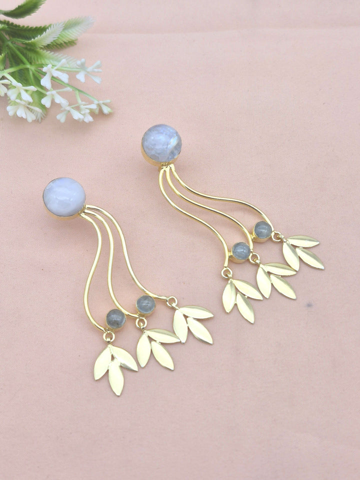 Charming Gold Plated Dangle Earrings –White Rainbow Prehnite stone Handcrafted Jewelry