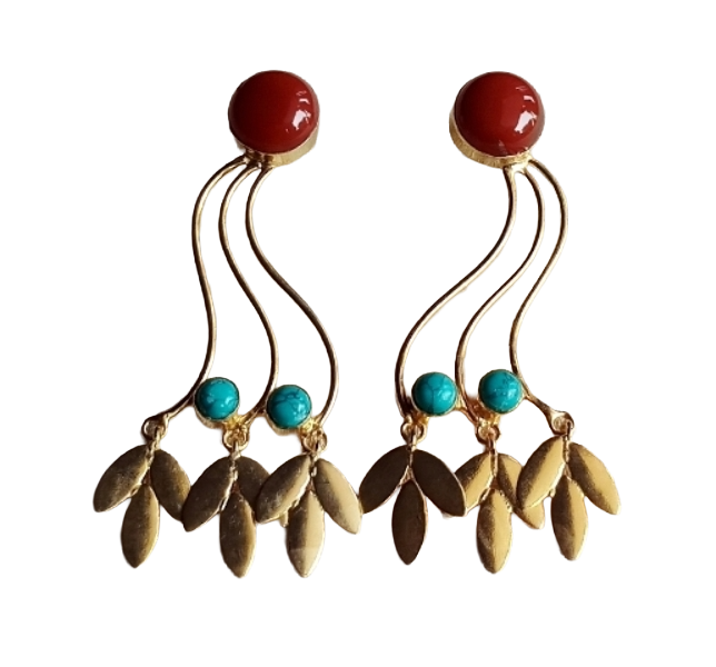 Charming Gold Plated Dangle Earrings –Red Onyx Synthetic Turquoise stone Handcrafted Jewelry