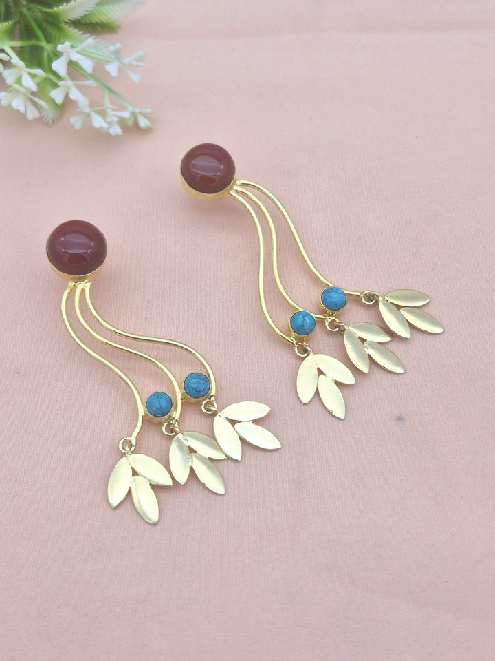 Charming Gold Plated Dangle Earrings –Red Onyx Synthetic Turquoise stone Handcrafted Jewelry