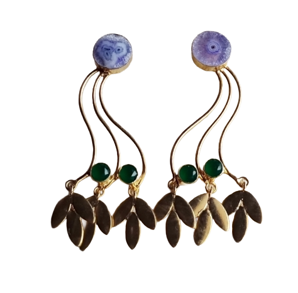 Charming Gold Plated Dangle Earrings –Solar Quartz Green Glass stone Handcrafted Jewelry