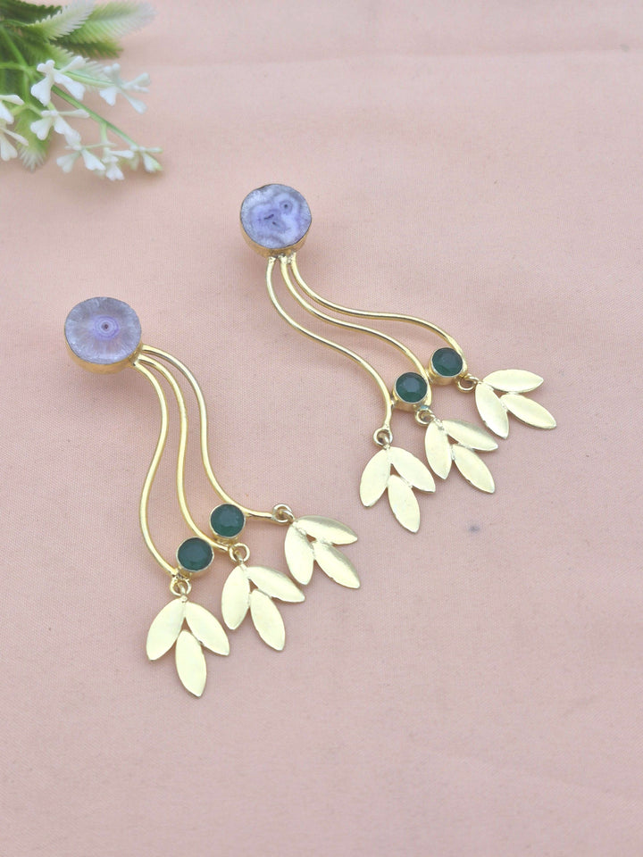 Charming Gold Plated Dangle Earrings –Solar Quartz Green Glass stone Handcrafted Jewelry