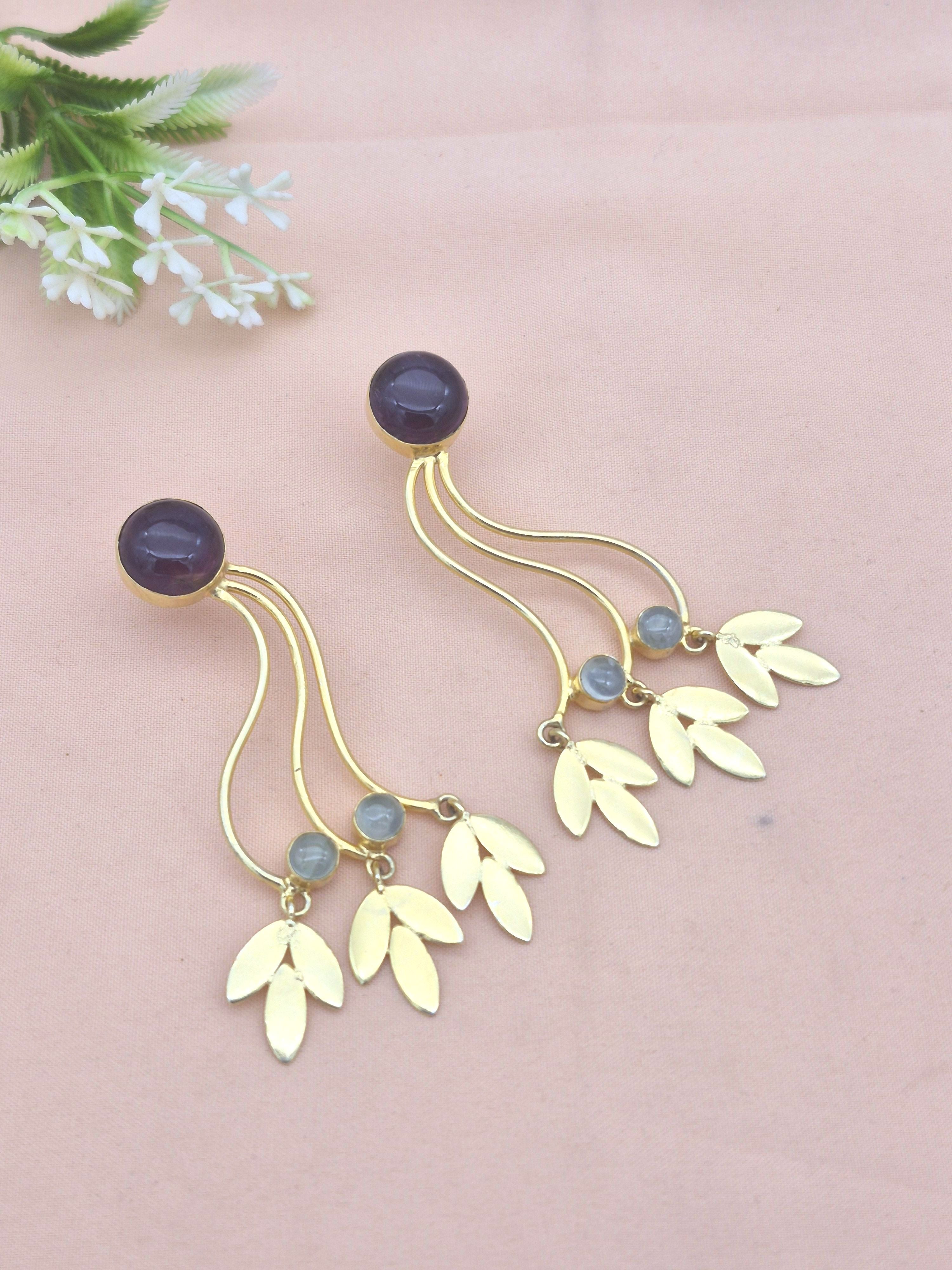 Charming Gold Plated Dangle Earrings –Prehnite Amethyst   stone Handcrafted Jewelry