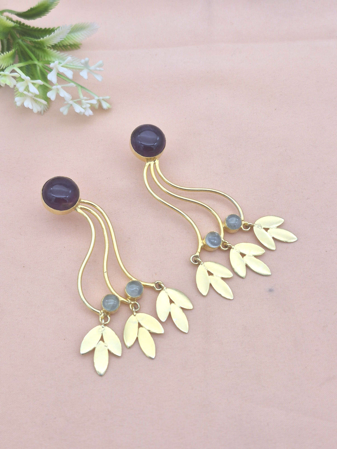 Charming Gold Plated Dangle Earrings –Prehnite Amethyst   stone Handcrafted Jewelry