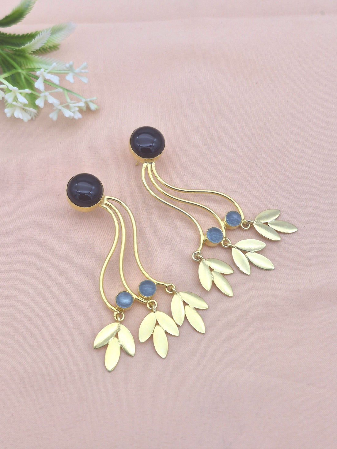 Charming Gold Plated Dangle Earrings –Black Onyx Chalcedony stone Handcrafted Jewelry
