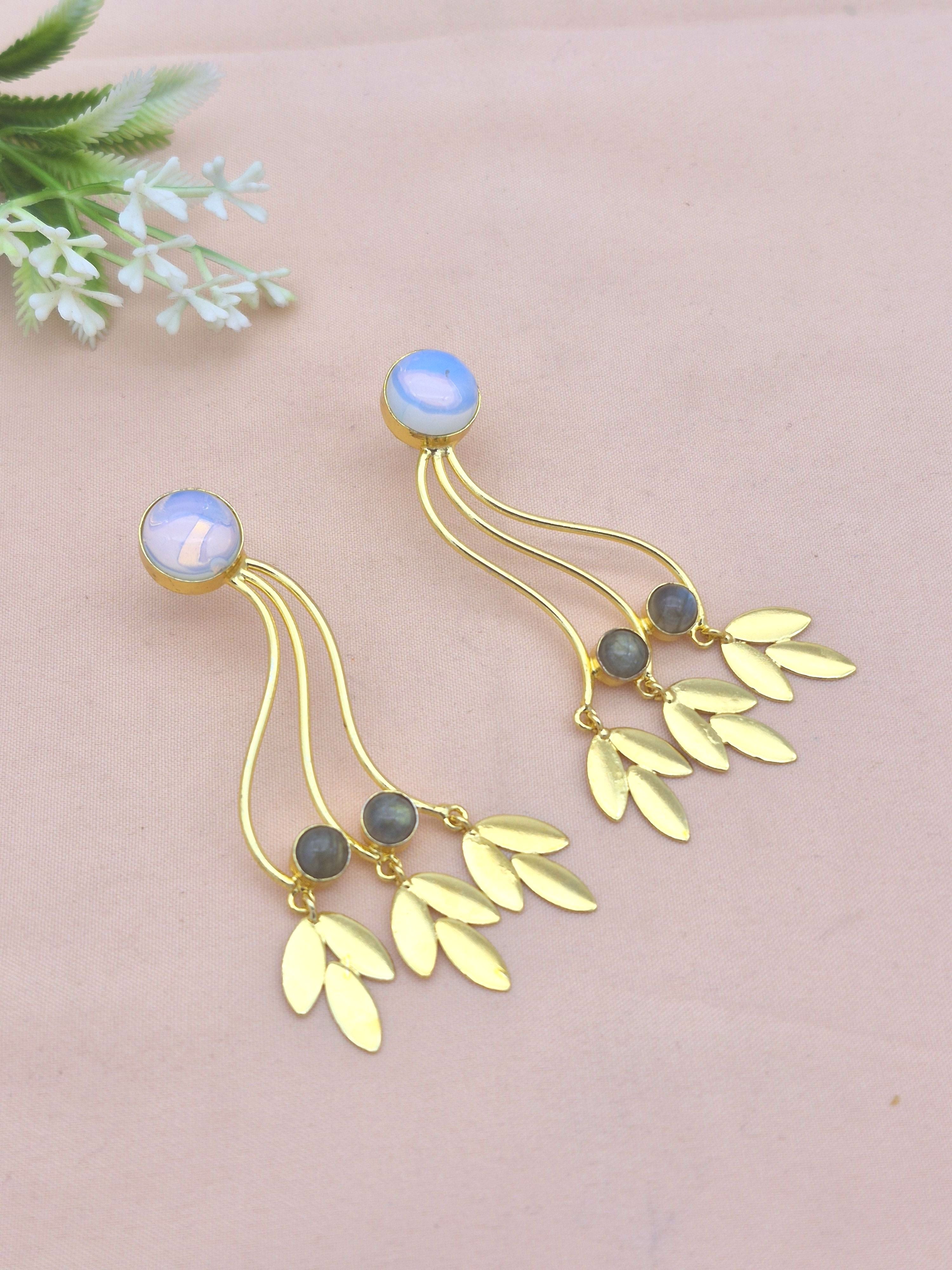 Charming Gold Plated Dangle Earring - Labradorite-Synthetic Opal  stone Handcrafted Jewelry