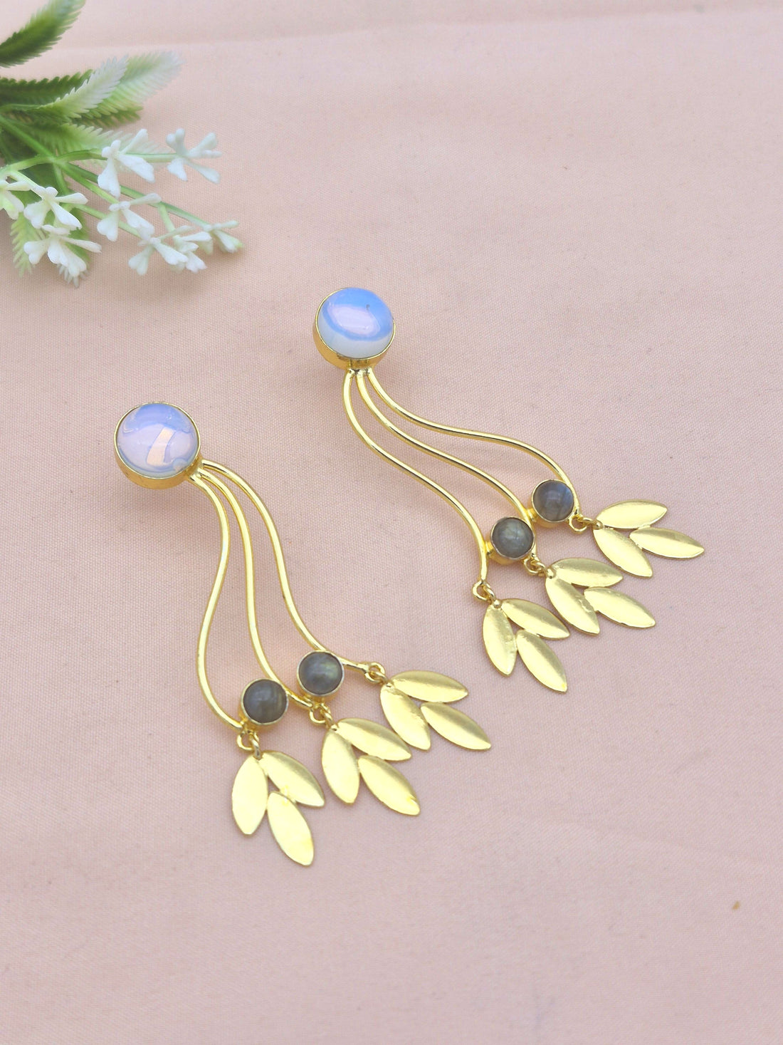 Charming Gold Plated Dangle Earring - Labradorite-Synthetic Opal  stone Handcrafted Jewelry
