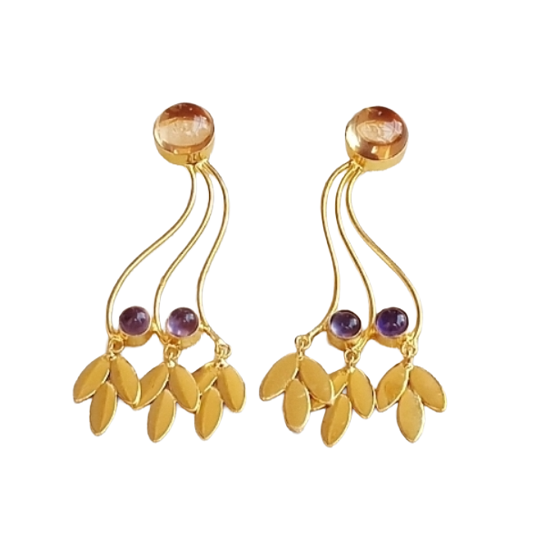 Charming Gold Plated Dangle Earring - Pink Glass Amethyst stone Handcrafted Jewelry