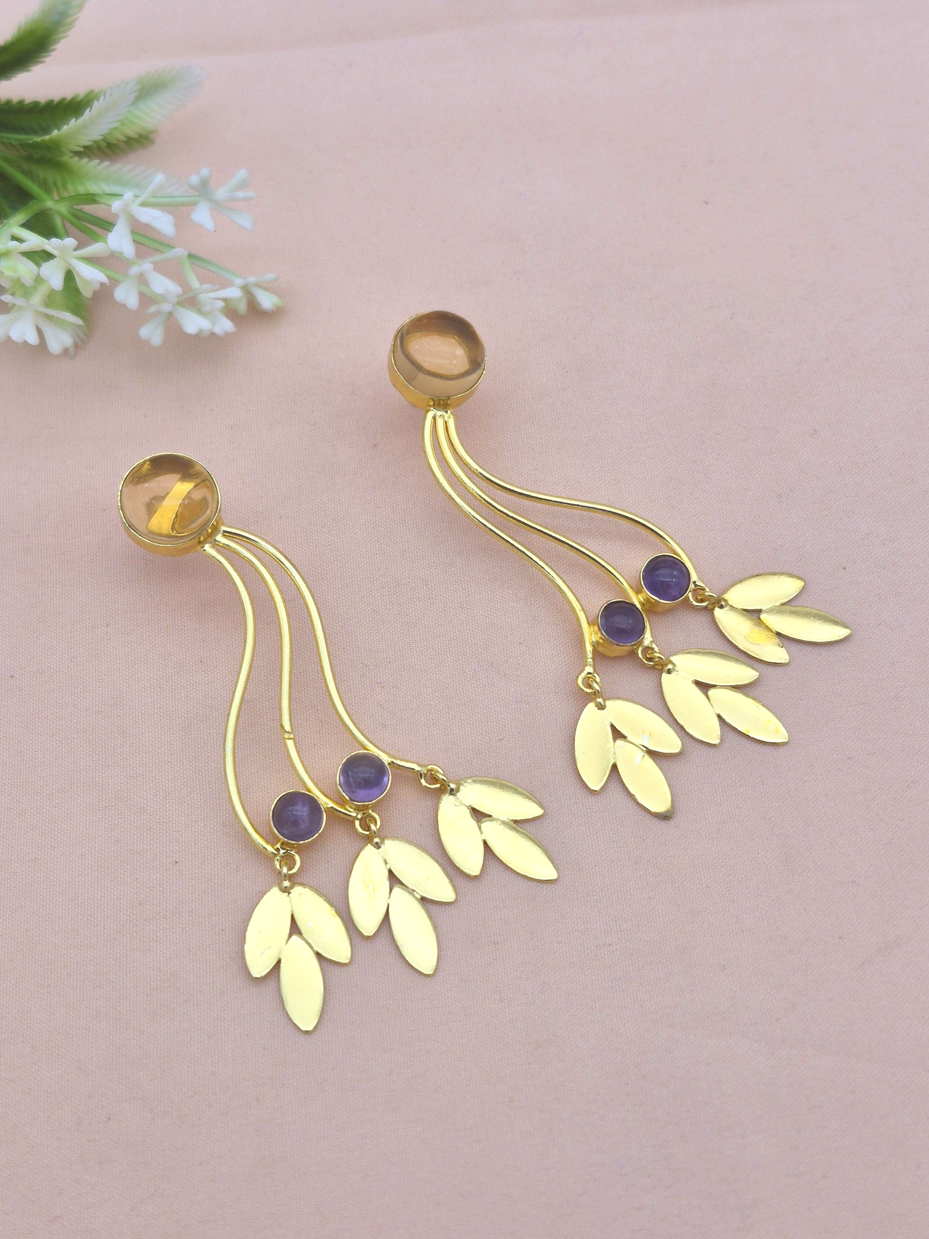 Charming Gold Plated Dangle Earring - Pink Glass Amethyst stone Handcrafted Jewelry