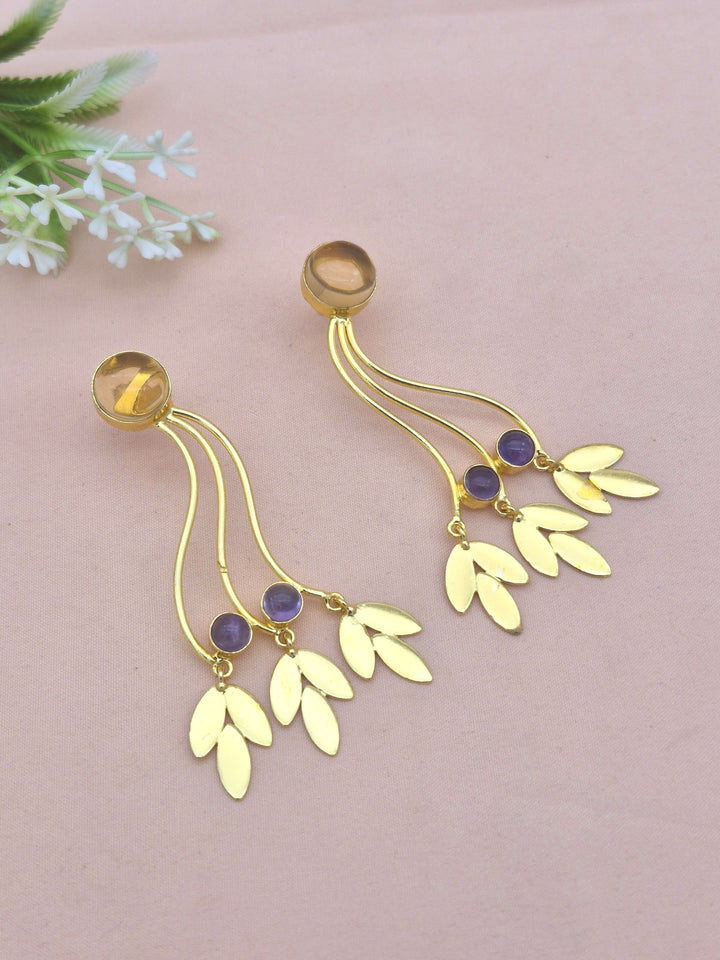 Charming Gold Plated Dangle Earring - Pink Glass Amethyst stone Handcrafted Jewelry