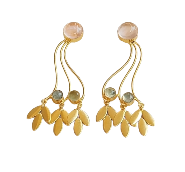 Charming Gold Plated Dangle Earring - Prehnite-Rose Quartz stone Handcrafted Jewelry