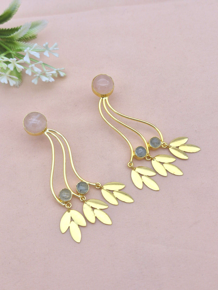 Charming Gold Plated Dangle Earring - Prehnite-Rose Quartz stone Handcrafted Jewelry