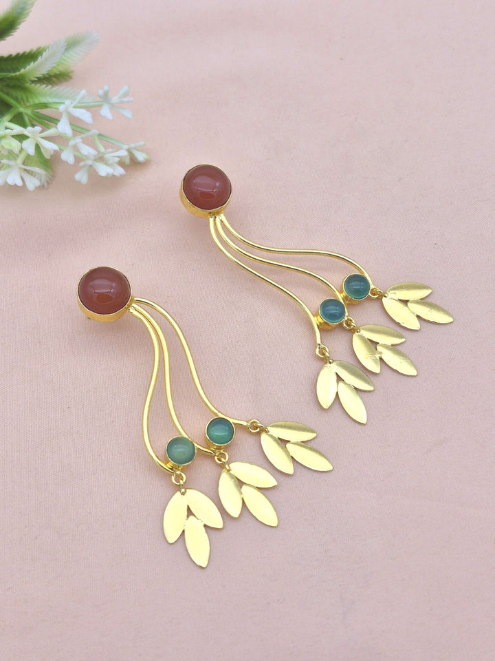 Charming Gold Plated Dangle Earring - Green & Red Onyx stone Handcrafted Jewelry
