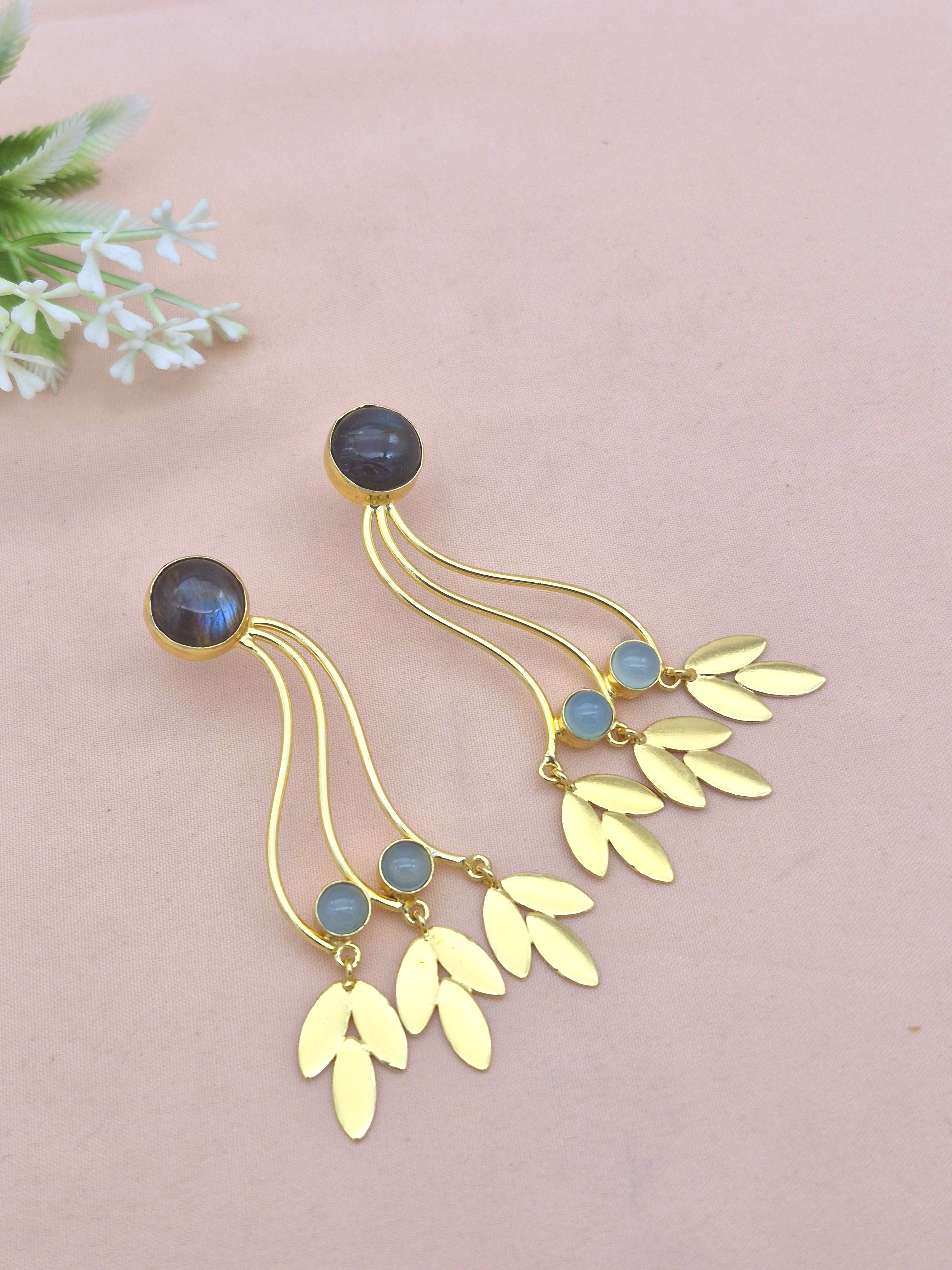 Charming Gold Plated Dangle Earring - Labradorite-Chalcedony stone Handcrafted Jewelry