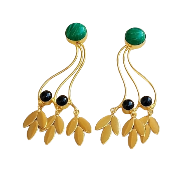 Charming Gold Plated Dangle Earring - Black Onyx-Malachite stone Handcrafted Jewelry