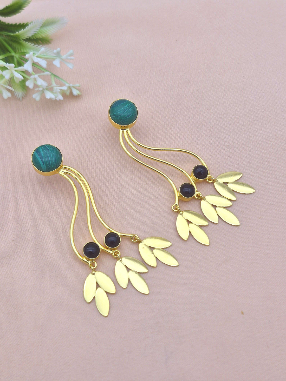 Charming Gold Plated Dangle Earring - Black Onyx-Malachite stone Handcrafted Jewelry