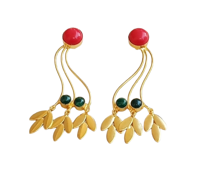 Charming Gold Plated Dangle Earring - Coral-Malachite stone Handcrafted Jewelry