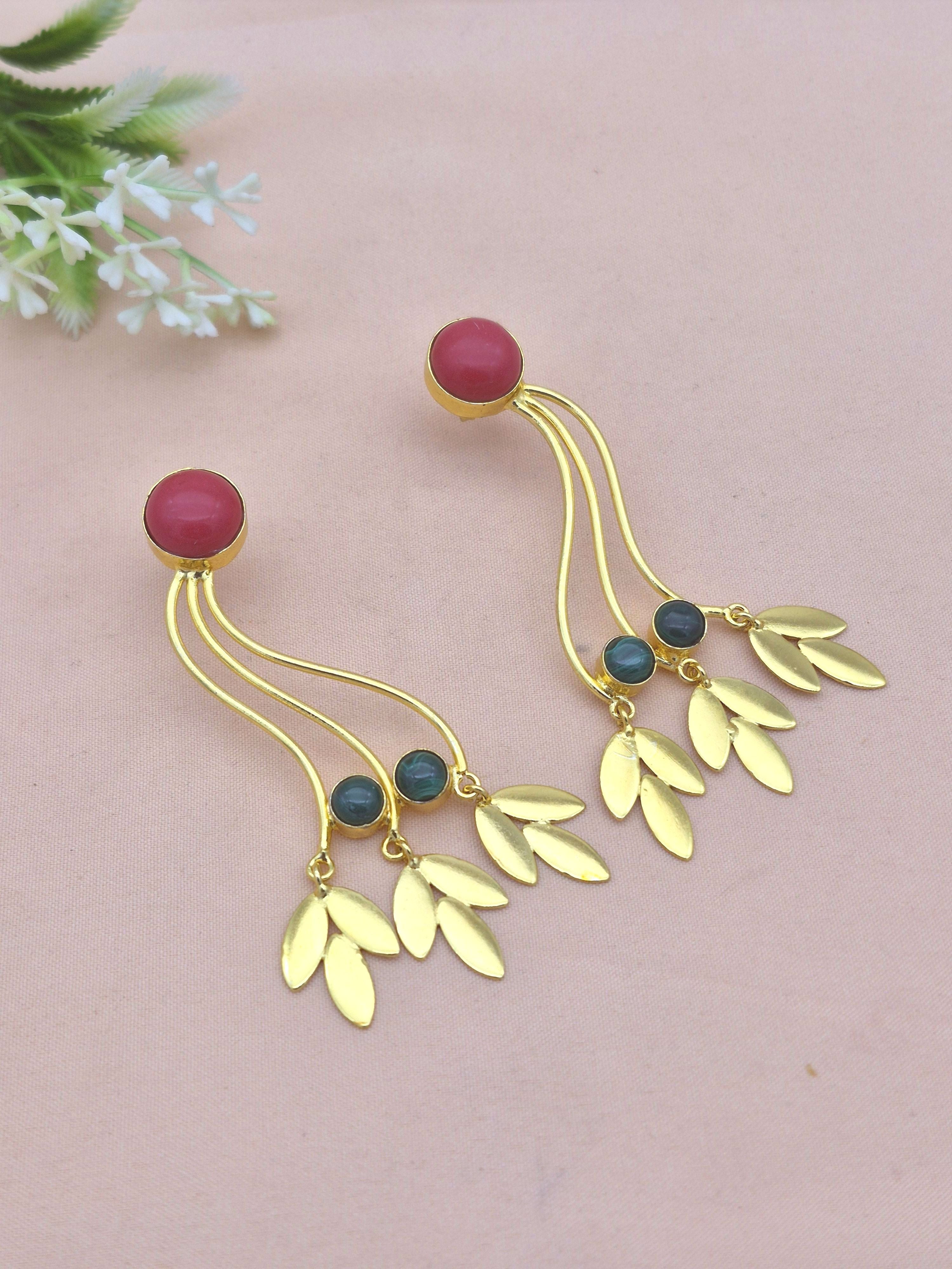 Charming Gold Plated Dangle Earring - Coral-Malachite stone Handcrafted Jewelry