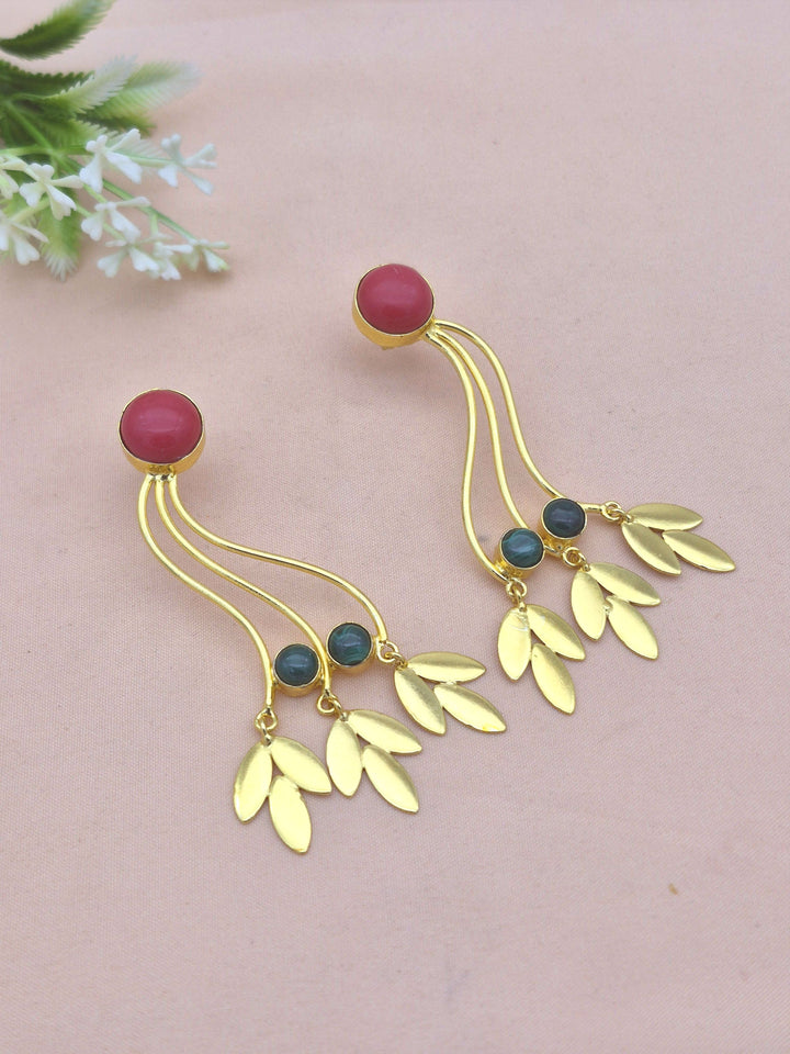 Charming Gold Plated Dangle Earring - Coral-Malachite stone Handcrafted Jewelry