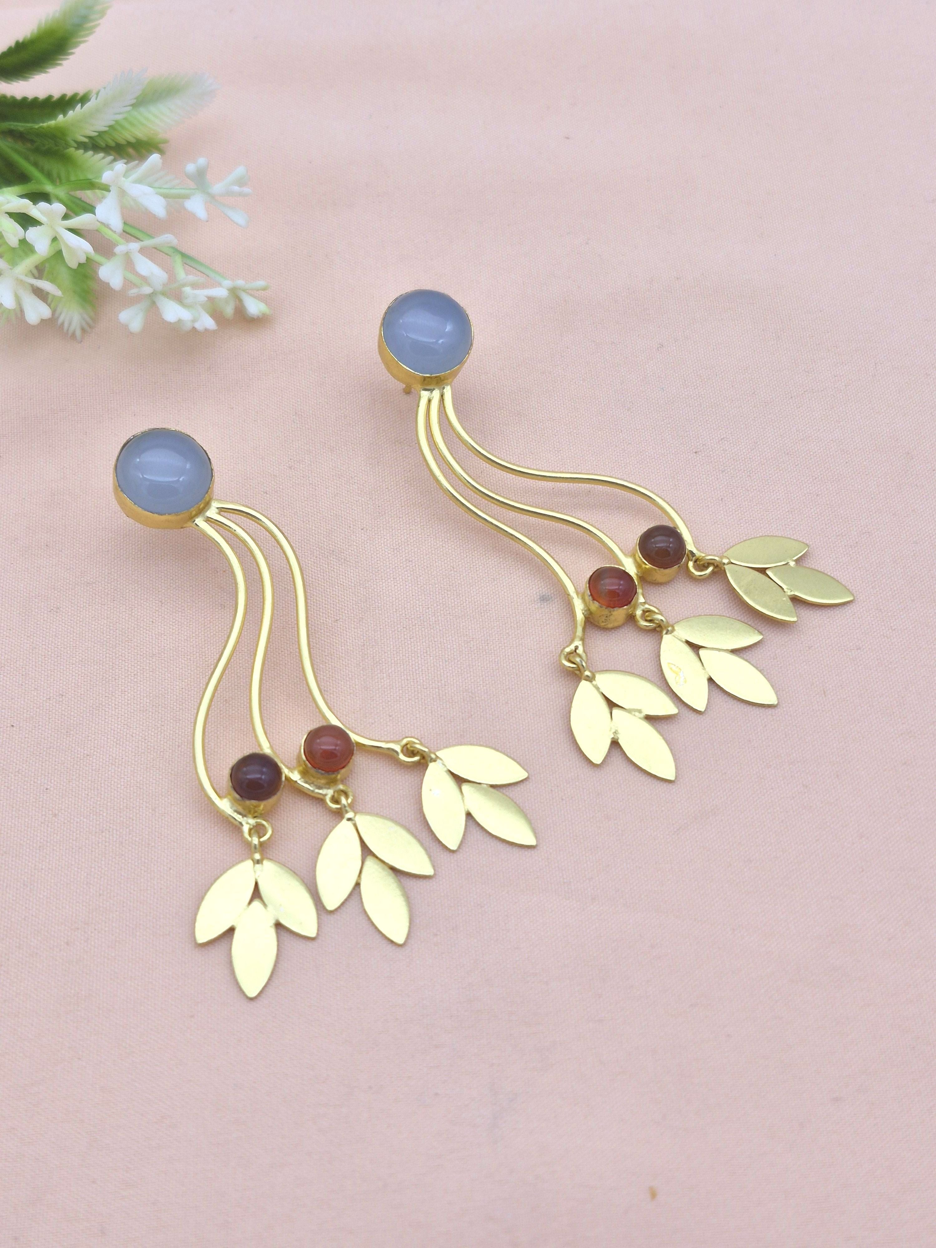 Charming Gold Plated Dangle Earring - Chalcedony-Red Onyx stone Handcrafted Jewelry