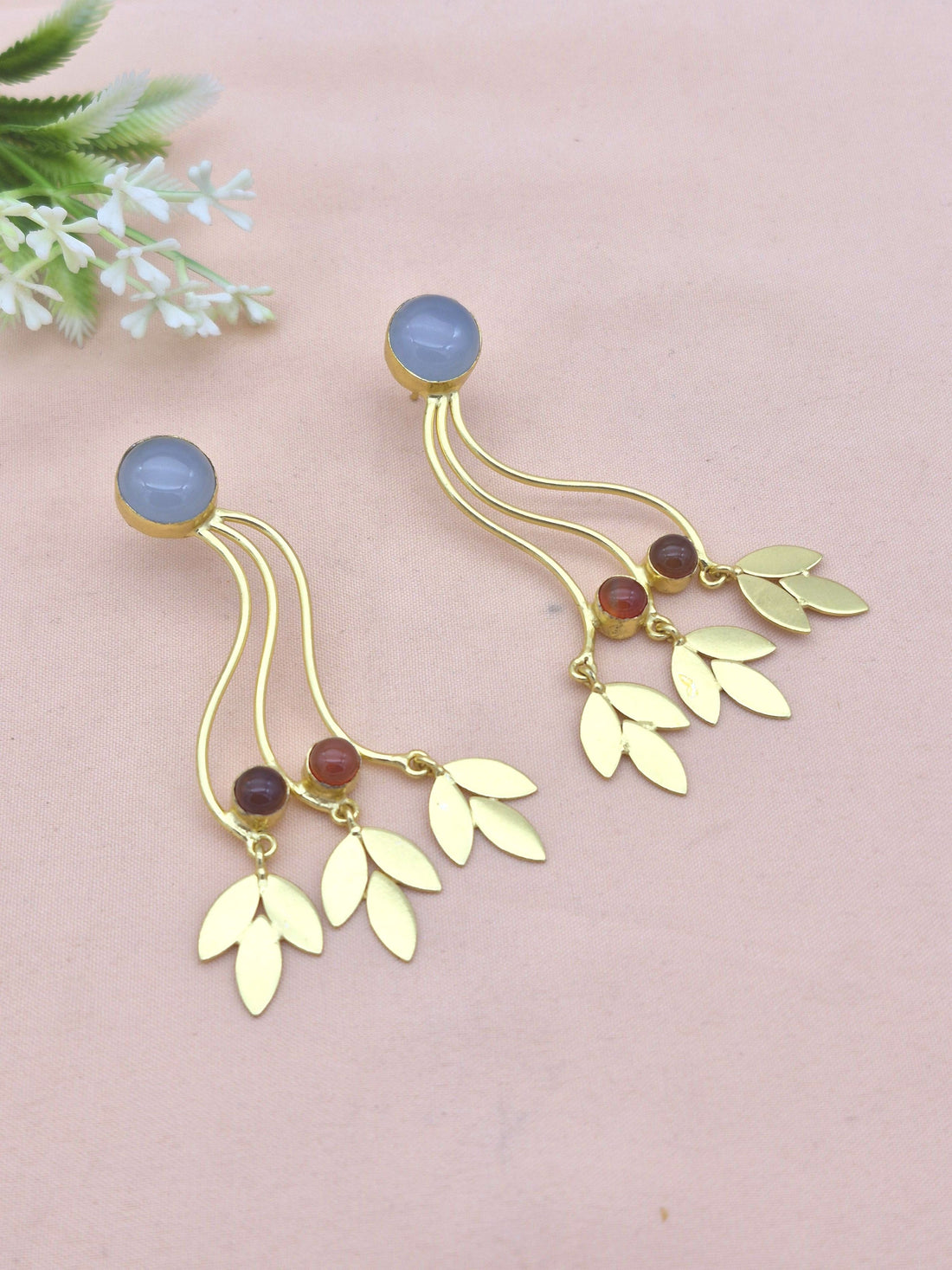 Charming Gold Plated Dangle Earring - Chalcedony-Red Onyx stone Handcrafted Jewelry