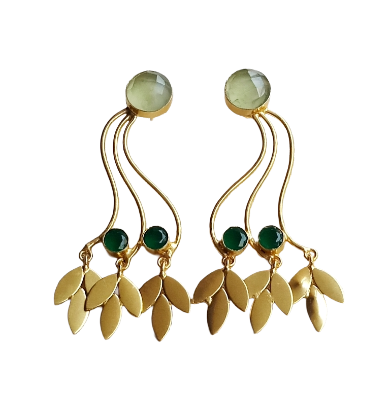 Charming Gold Plated Dangle Earring - Prehnite-Green Onyx stone Handcrafted Jewelry