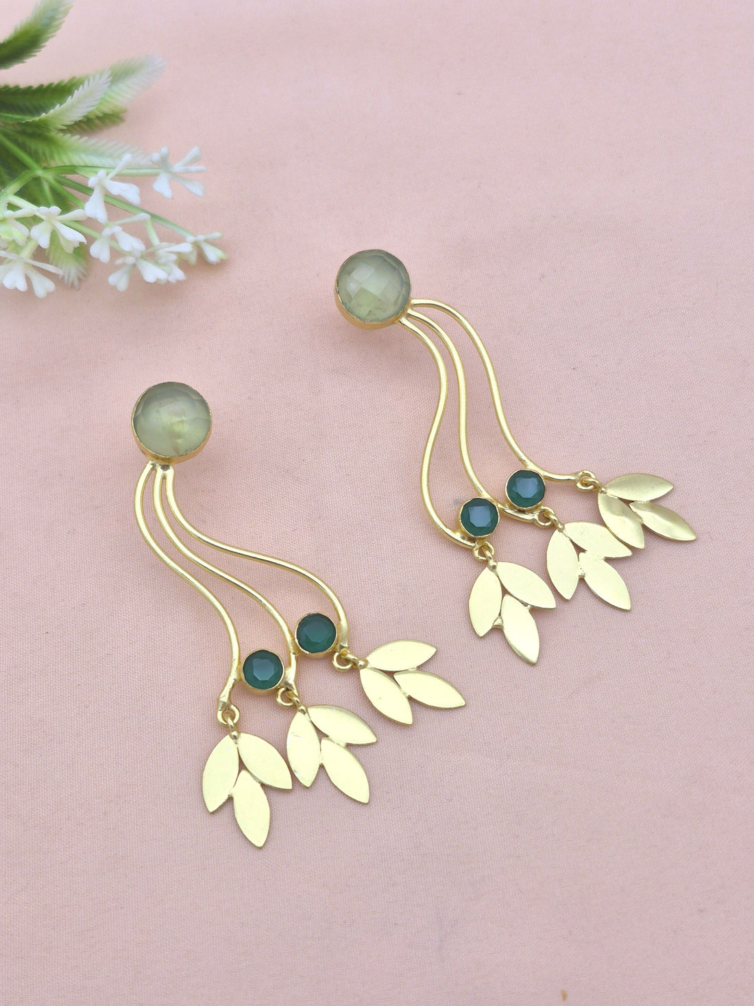 Charming Gold Plated Dangle Earring - Prehnite-Green Onyx stone Handcrafted Jewelry