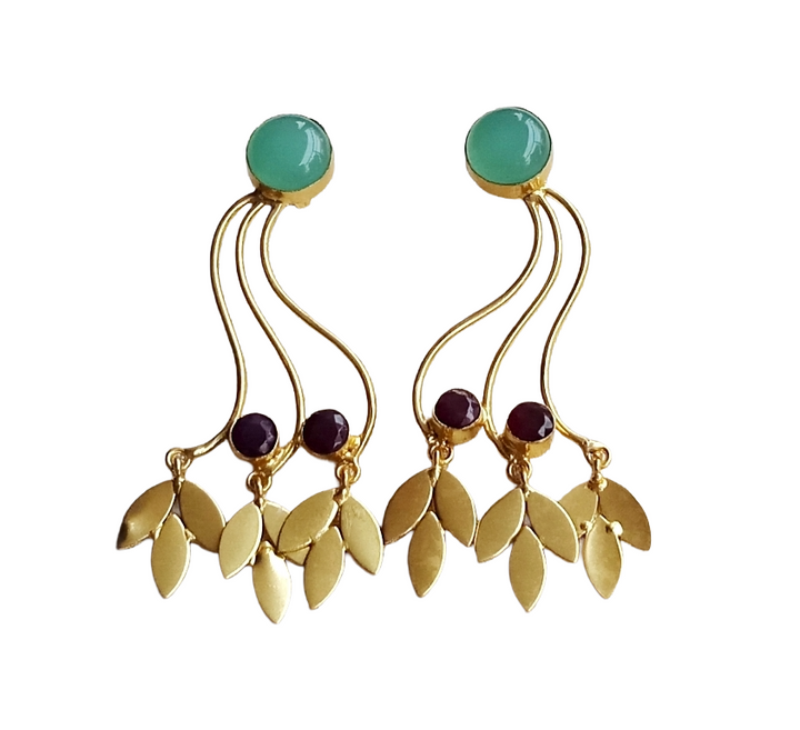 Charming Gold Plated Dangle Earring - Chalcedony-Red Hathipara stone Handcrafted Jewelry