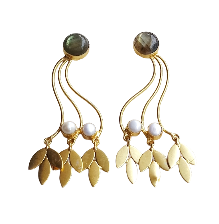 Charming Gold Plated Dangle Earring - Labradorite-Pearl stone Handcrafted Jewelry