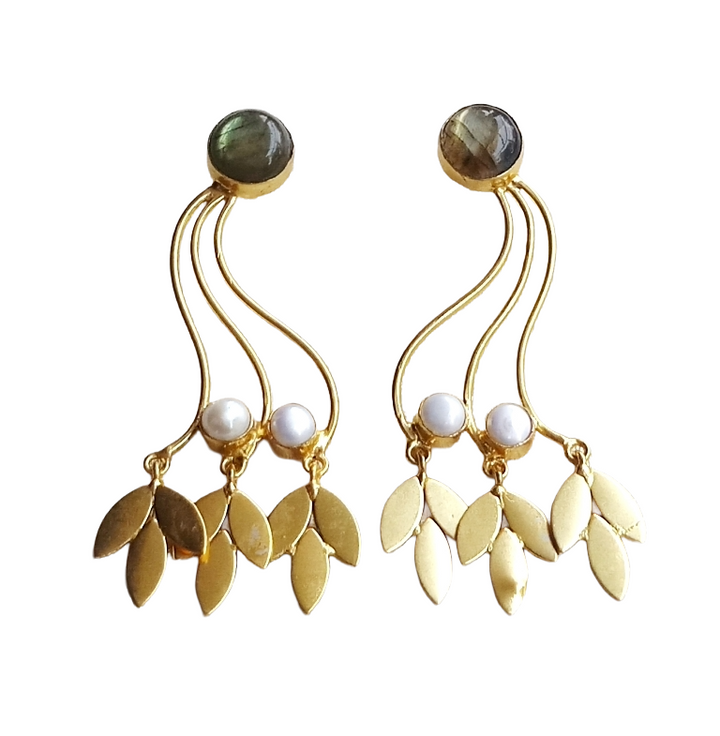 Charming Gold Plated Dangle Earring - Labradorite-Pearl stone Handcrafted Jewelry