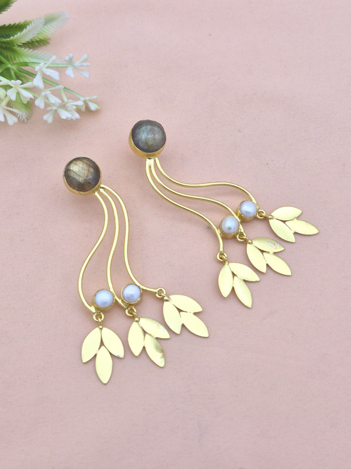 Charming Gold Plated Dangle Earring - Labradorite-Pearl stone Handcrafted Jewelry