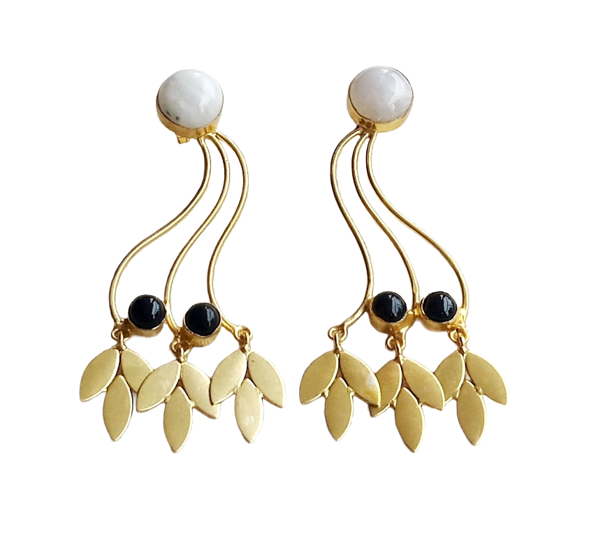 Charming Gold Plated Dangle Earring - White Rainbow-Black Onyx stone Handcrafted Jewelry