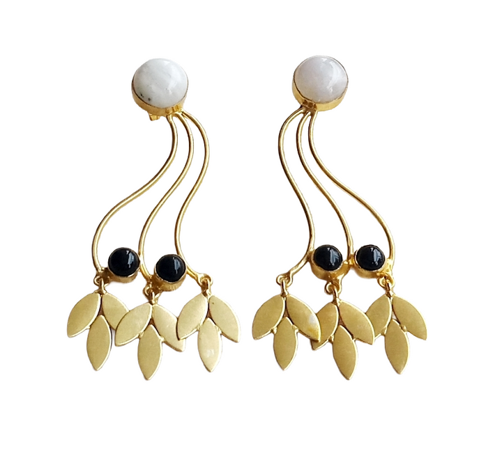 Charming Gold Plated Dangle Earring - White Rainbow-Black Onyx stone Handcrafted Jewelry