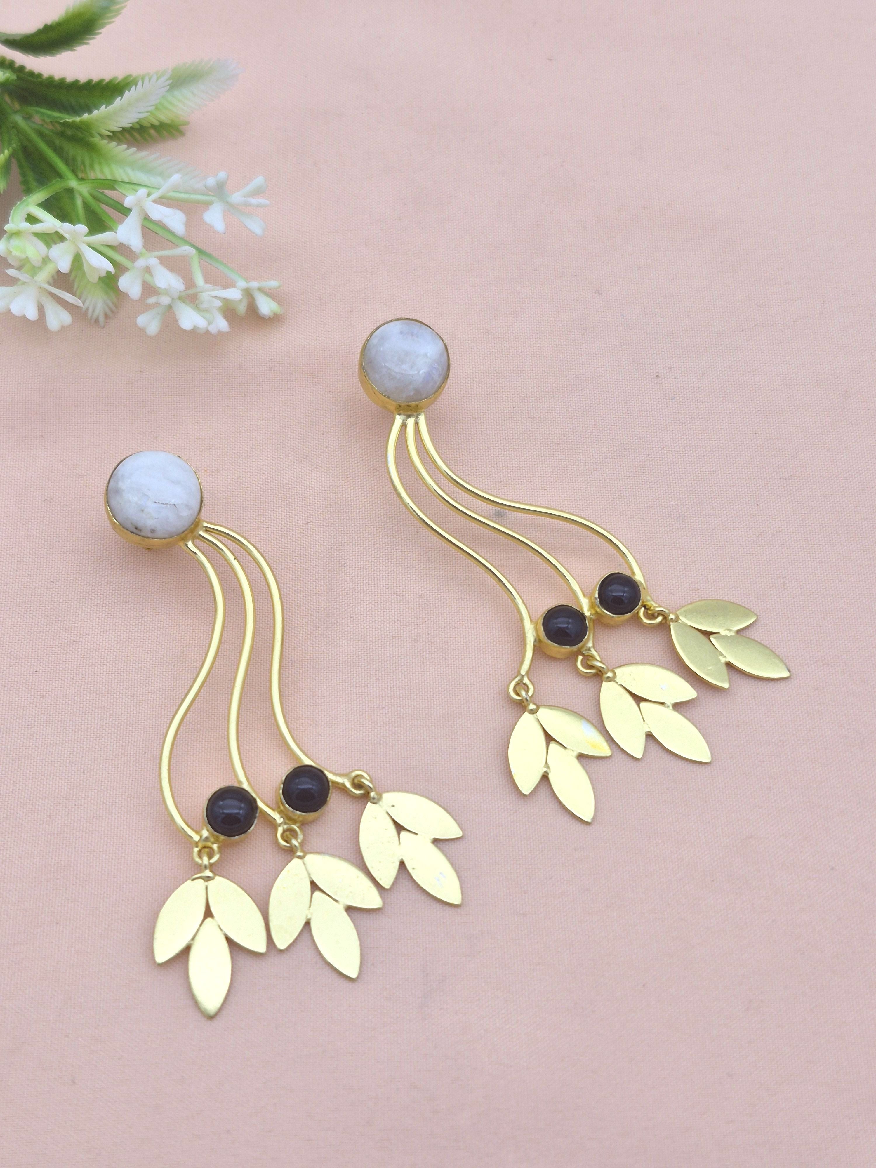 Charming Gold Plated Dangle Earring - White Rainbow-Black Onyx stone Handcrafted Jewelry