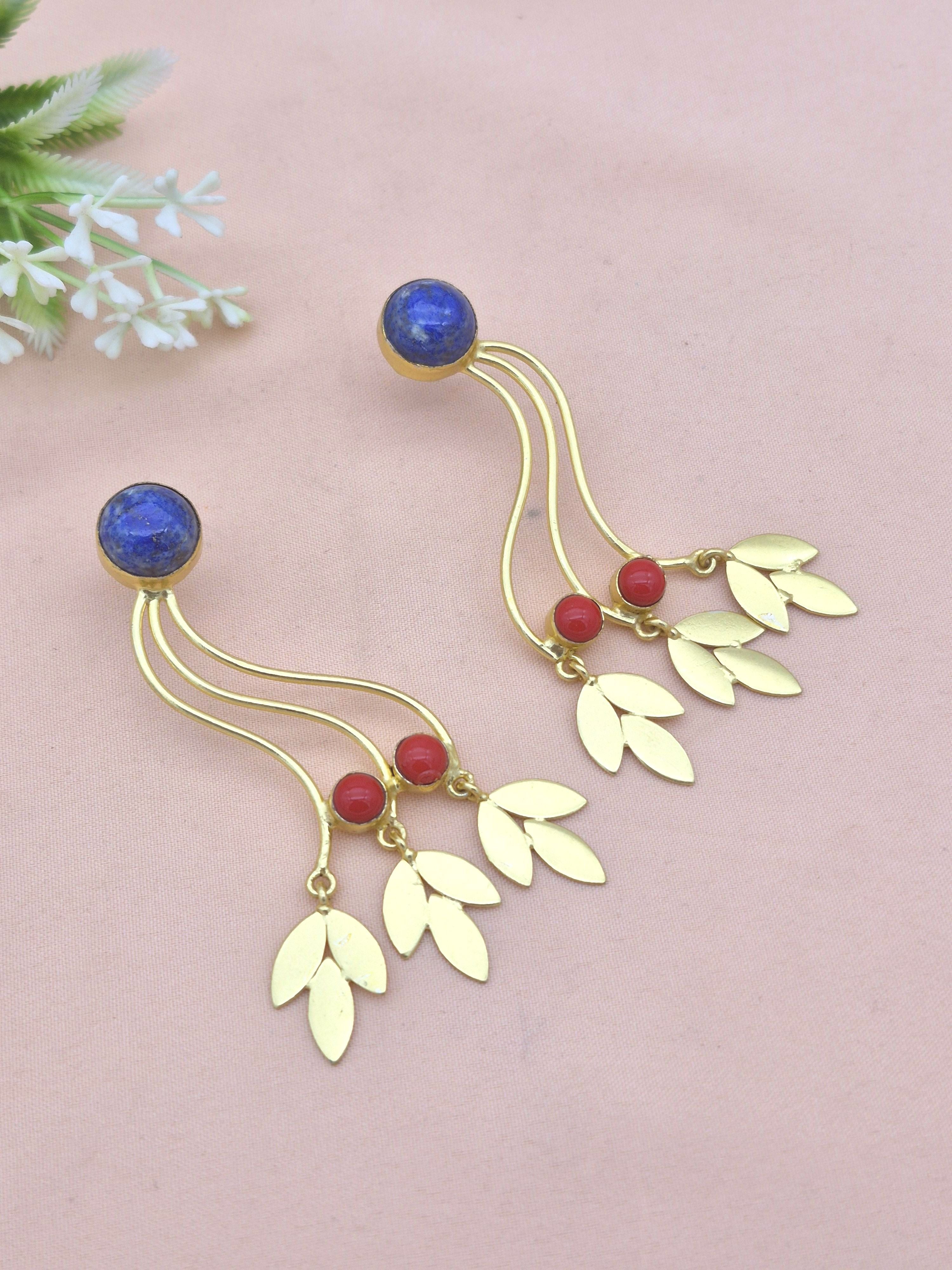 Charming Gold Plated Dangle Earring - Lapis-Red Glass stone Handcrafted Jewelry