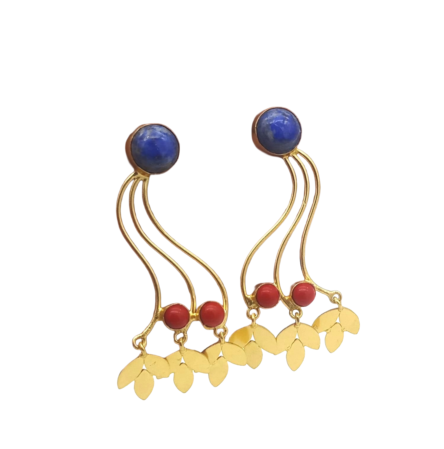 Charming Gold Plated Dangle Earring - Lapis-Red Glass stone Handcrafted Jewelry