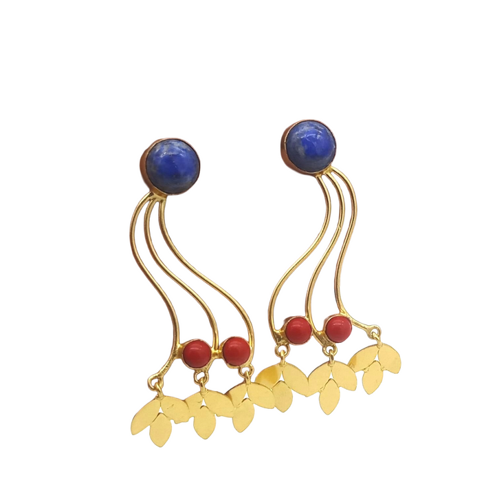 Charming Gold Plated Dangle Earring - Lapis-Red Glass stone Handcrafted Jewelry
