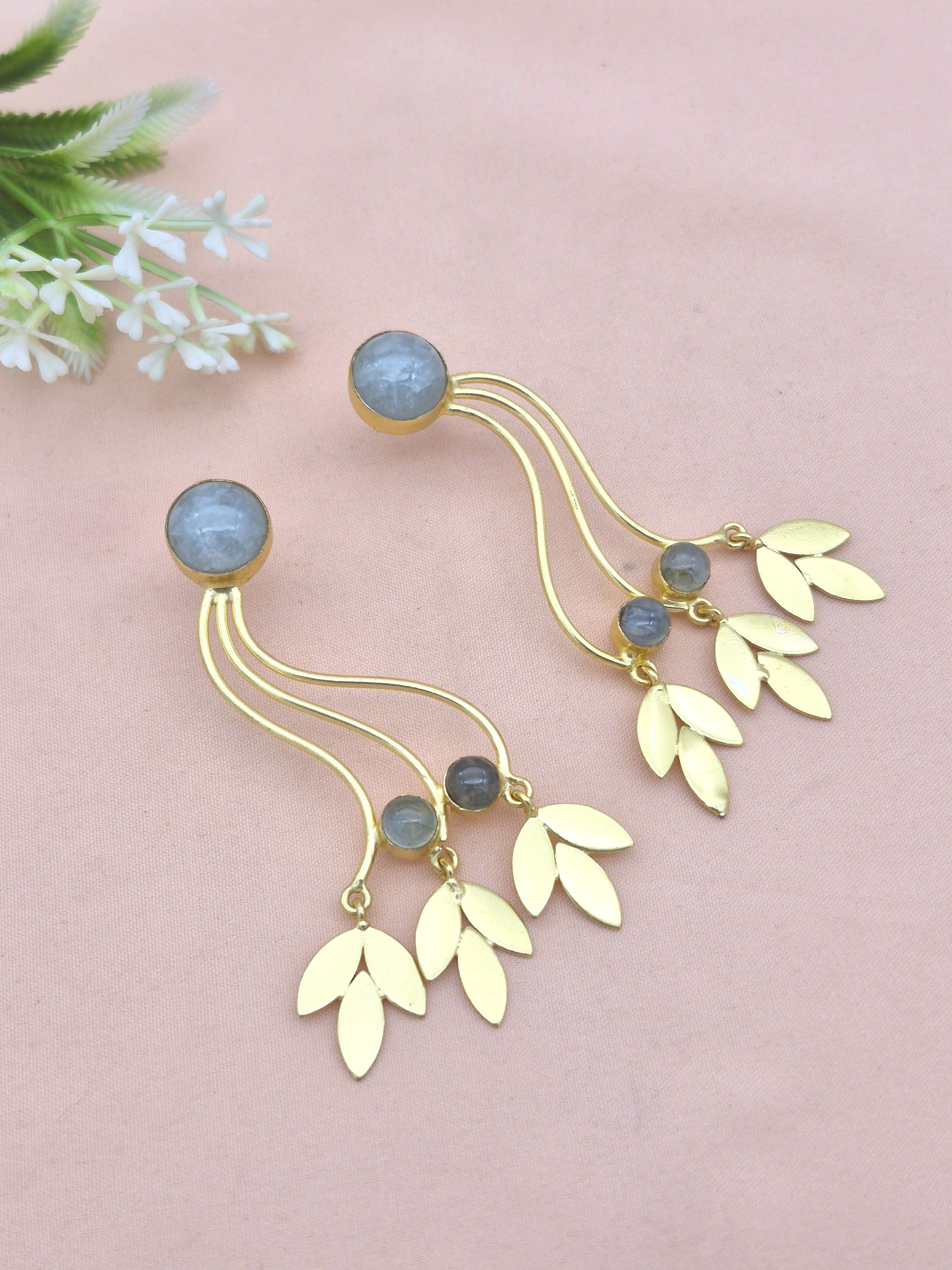 Charming Gold Plated Dangle Earring - Aquamarine-Prehnite stone Handcrafted Jewelry