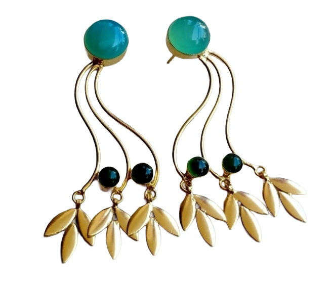 Charming Gold Plated Dangle Earrings –Aquamarine-Green Onyx stone Handcrafted Jewelry