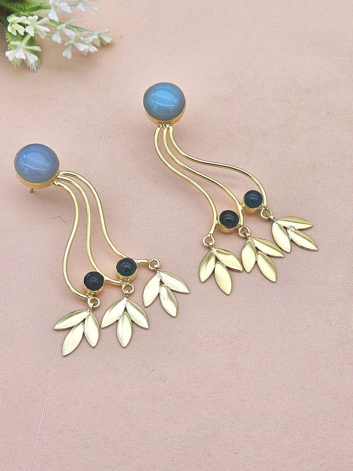 Charming Gold Plated Dangle Earrings –Aquamarine-Green Onyx stone Handcrafted Jewelry
