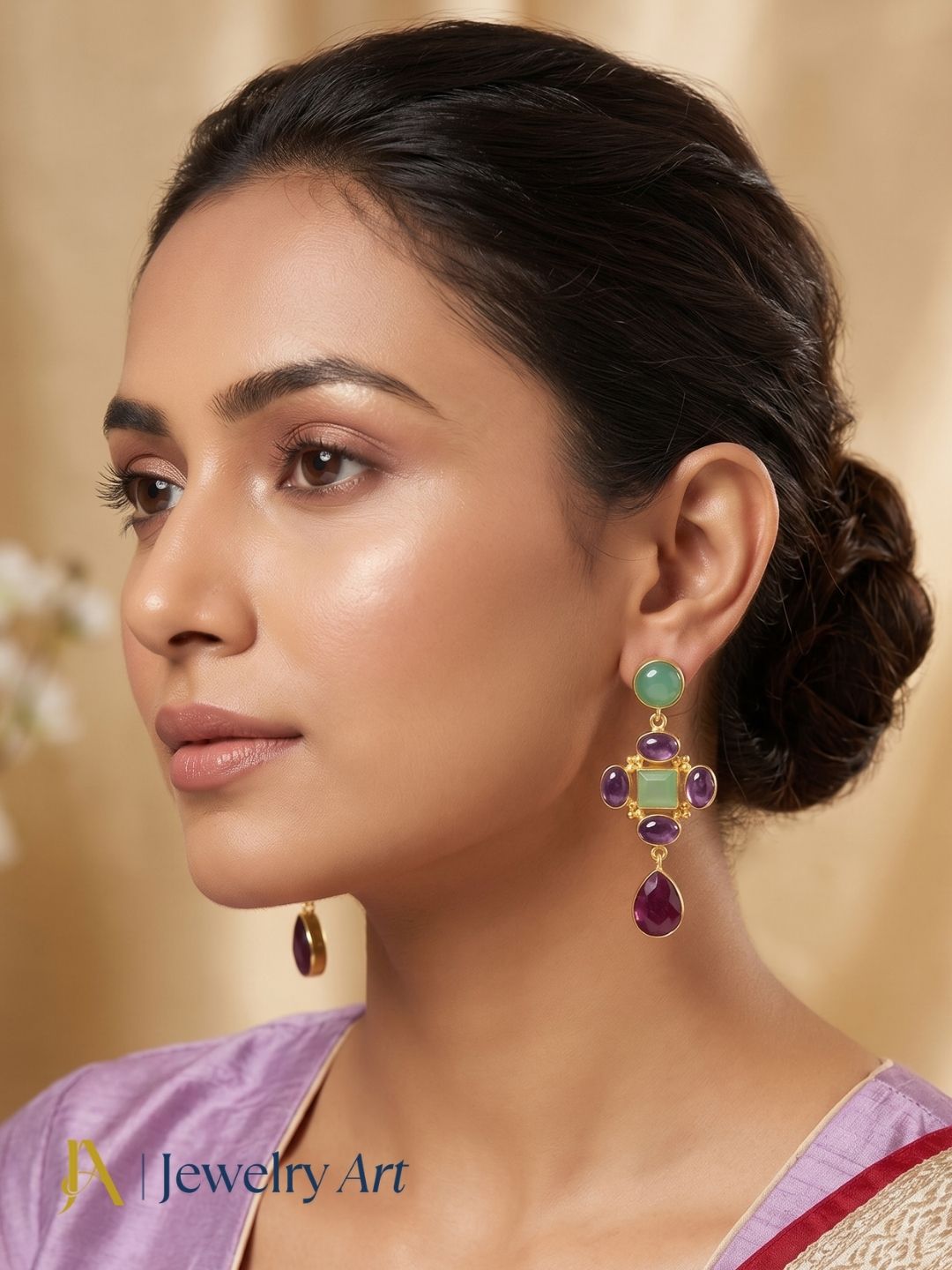 Woman showcasing premium multi gemstone party wear earrings
