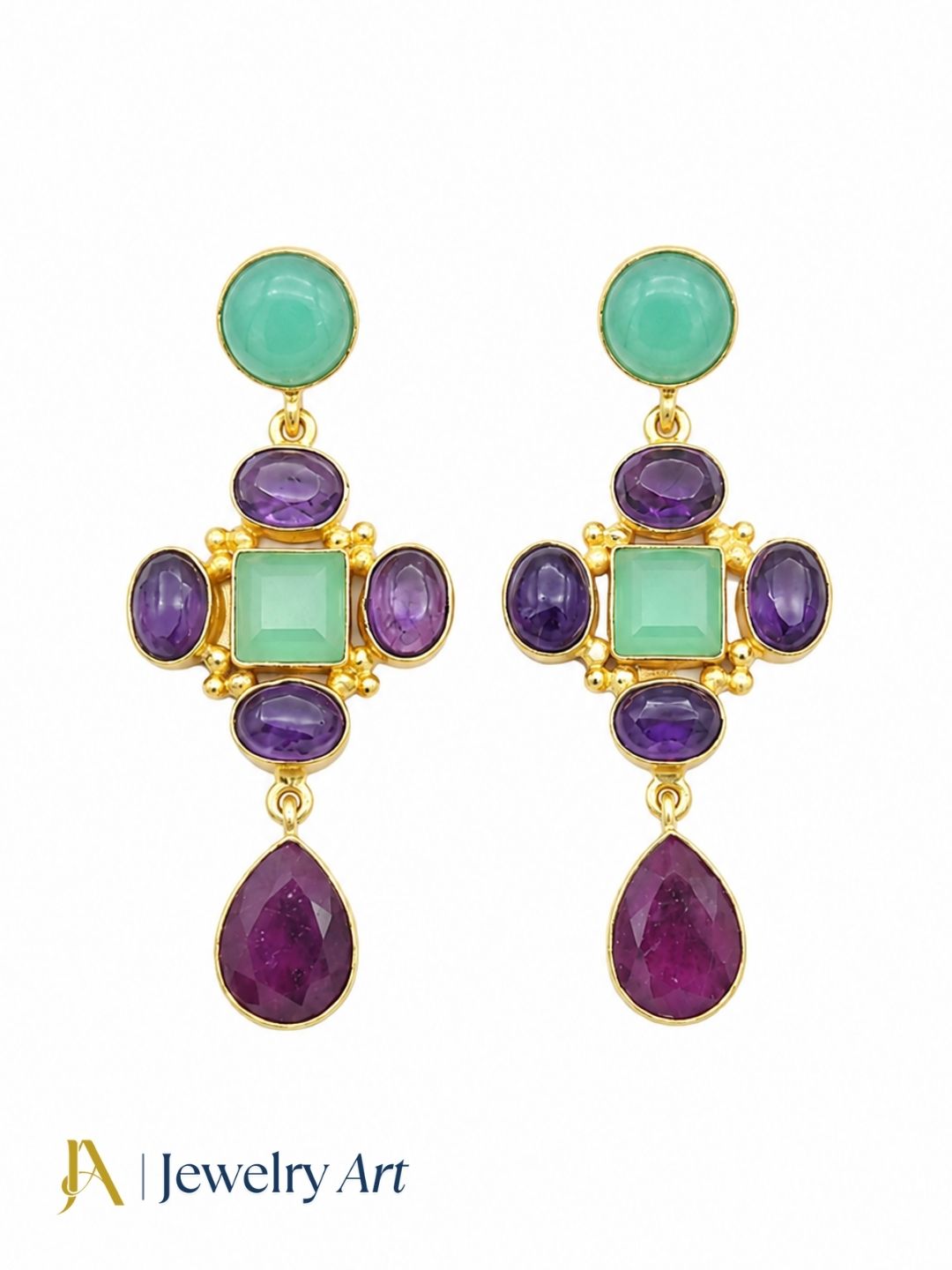Lightweight multi gemstone dangle earrings with chalcedony, amethyst and red Hathipara
