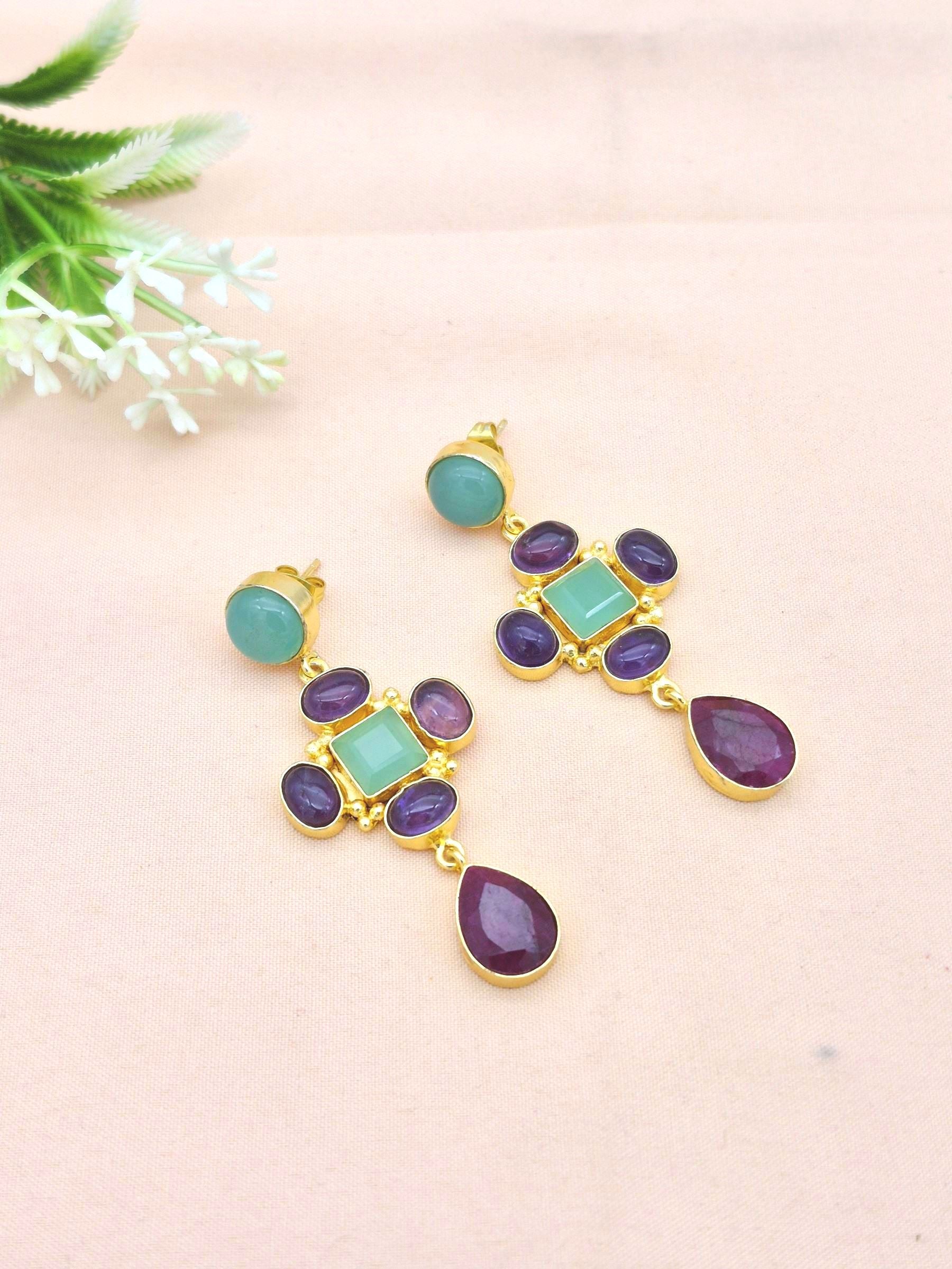 Stunning Gold Plated Dangle Earrings – Semi Precious Stone Jewelry